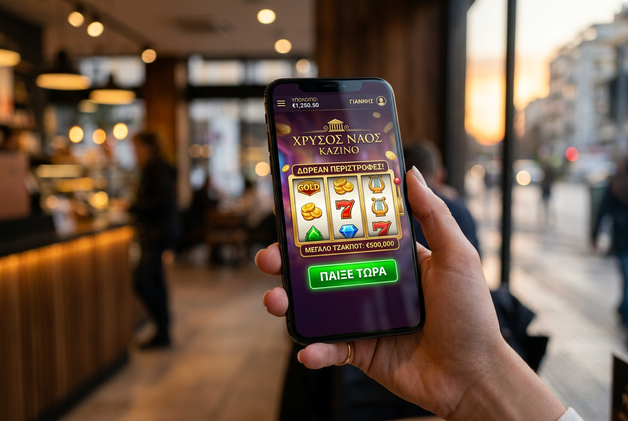 A high-end smartphone showing a Greek mobile casino app.